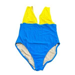 J Crew Swimsuit Women XL One Piece Color Block Yellow & Blue V-Neck Swim Pool
